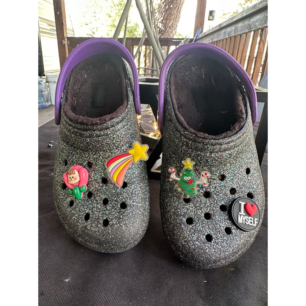 Kids Crocs Glitter Iridescent Black  &‎ Purple Lined Clogs With Charms